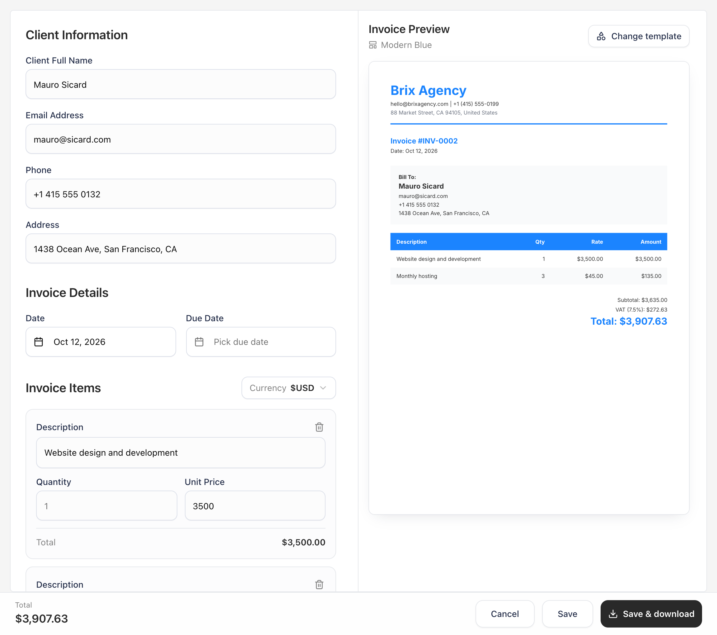 The Billeva invoice editor with a live preview of the invoice