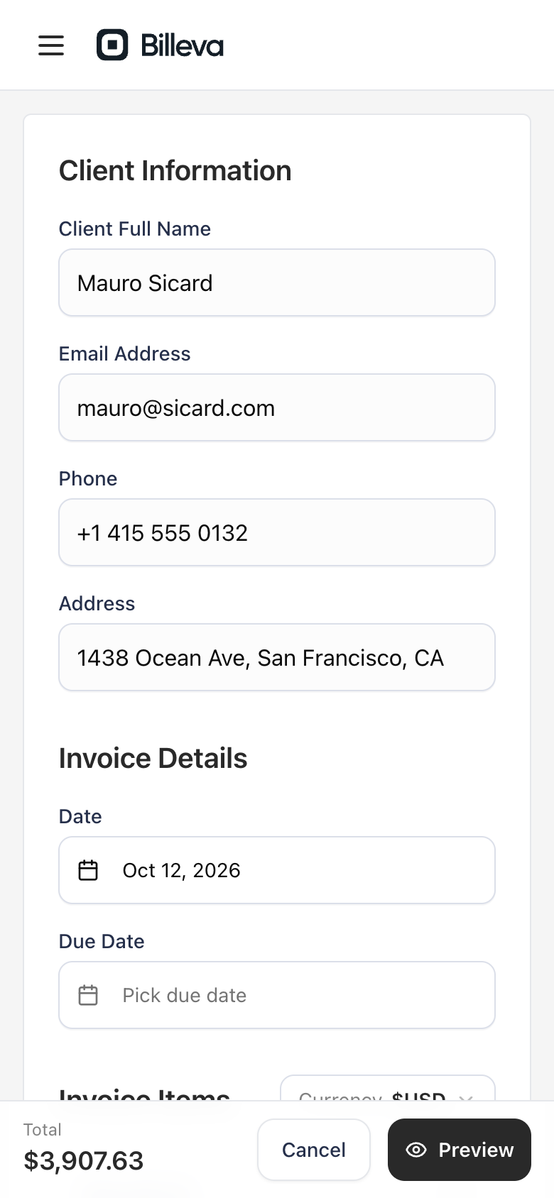The invoice form on a phone