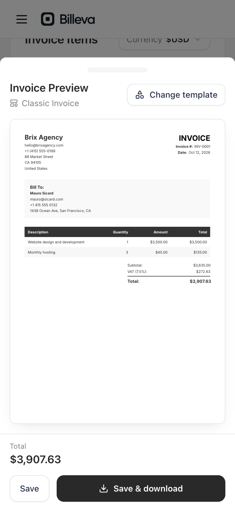 The live invoice preview on a phone